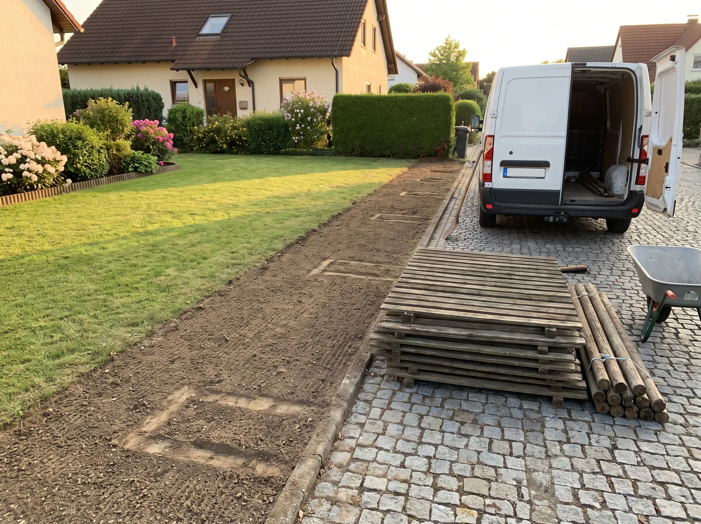 Vorbereitungen für die Zaunmontage in einem Garten mit Holzstapeln
