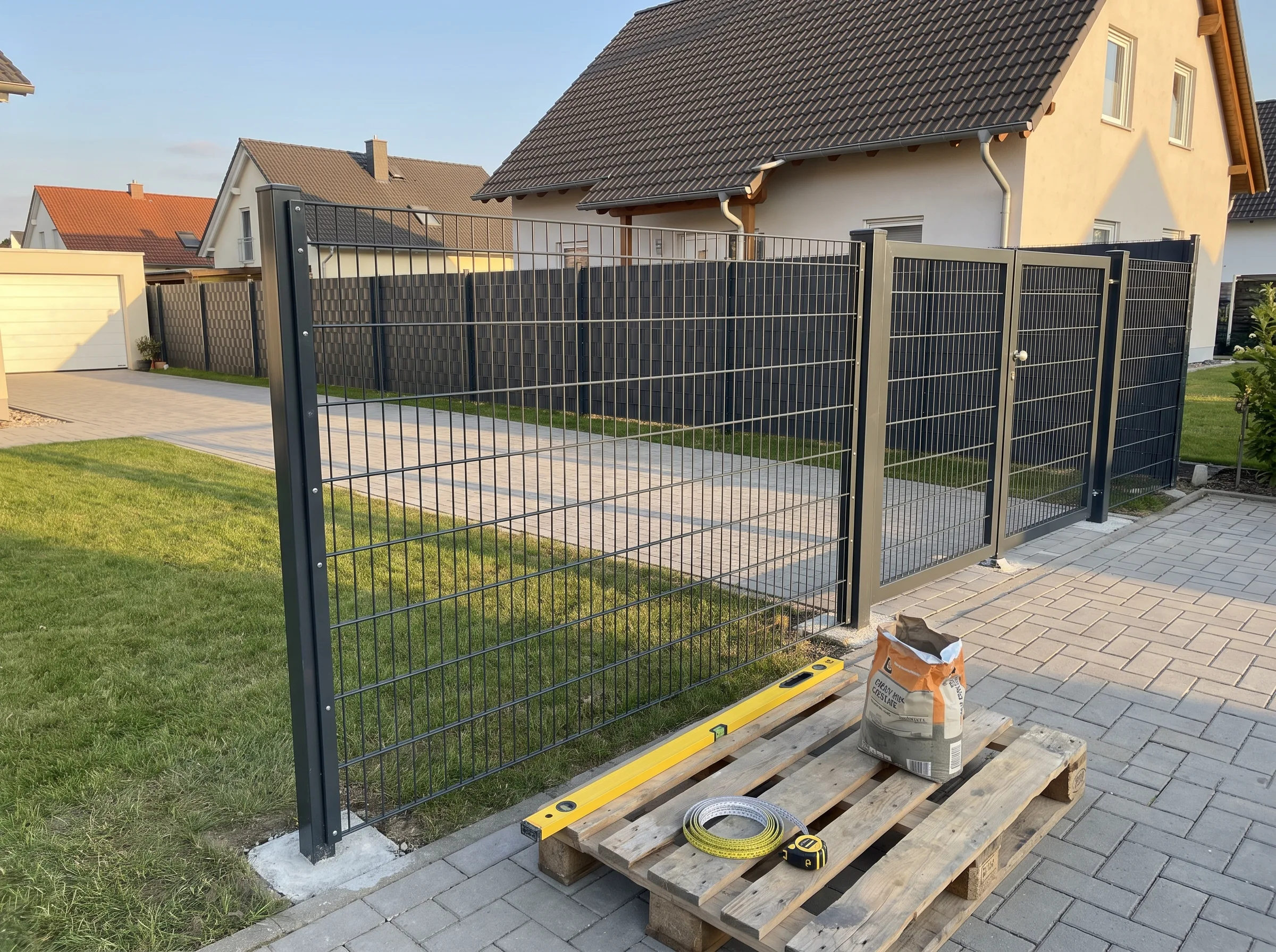 Moderner Doppelstabmattenzaun in einem Garten mit gepflastertem Weg und Rasenfläche