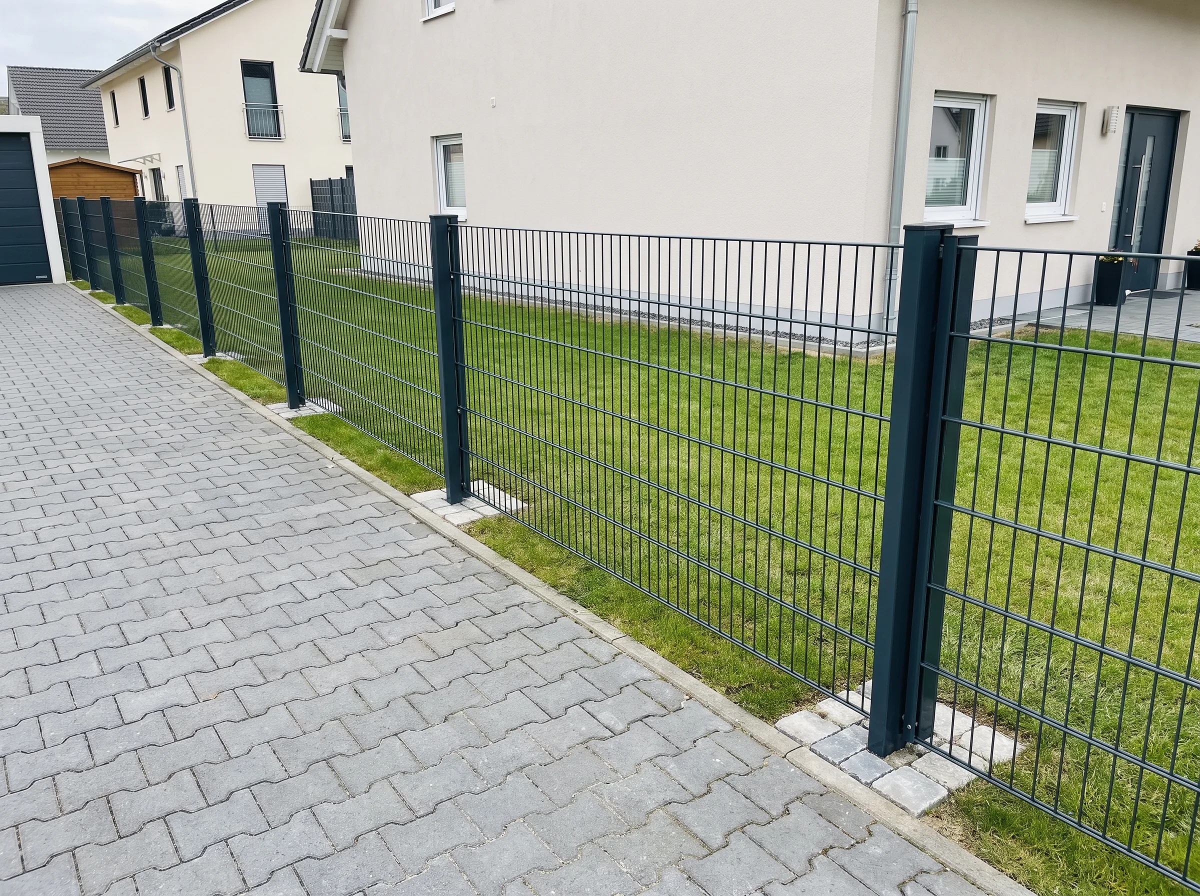 Moderner Doppelstabmattenzaun in einem gepflegten Gartenbereich