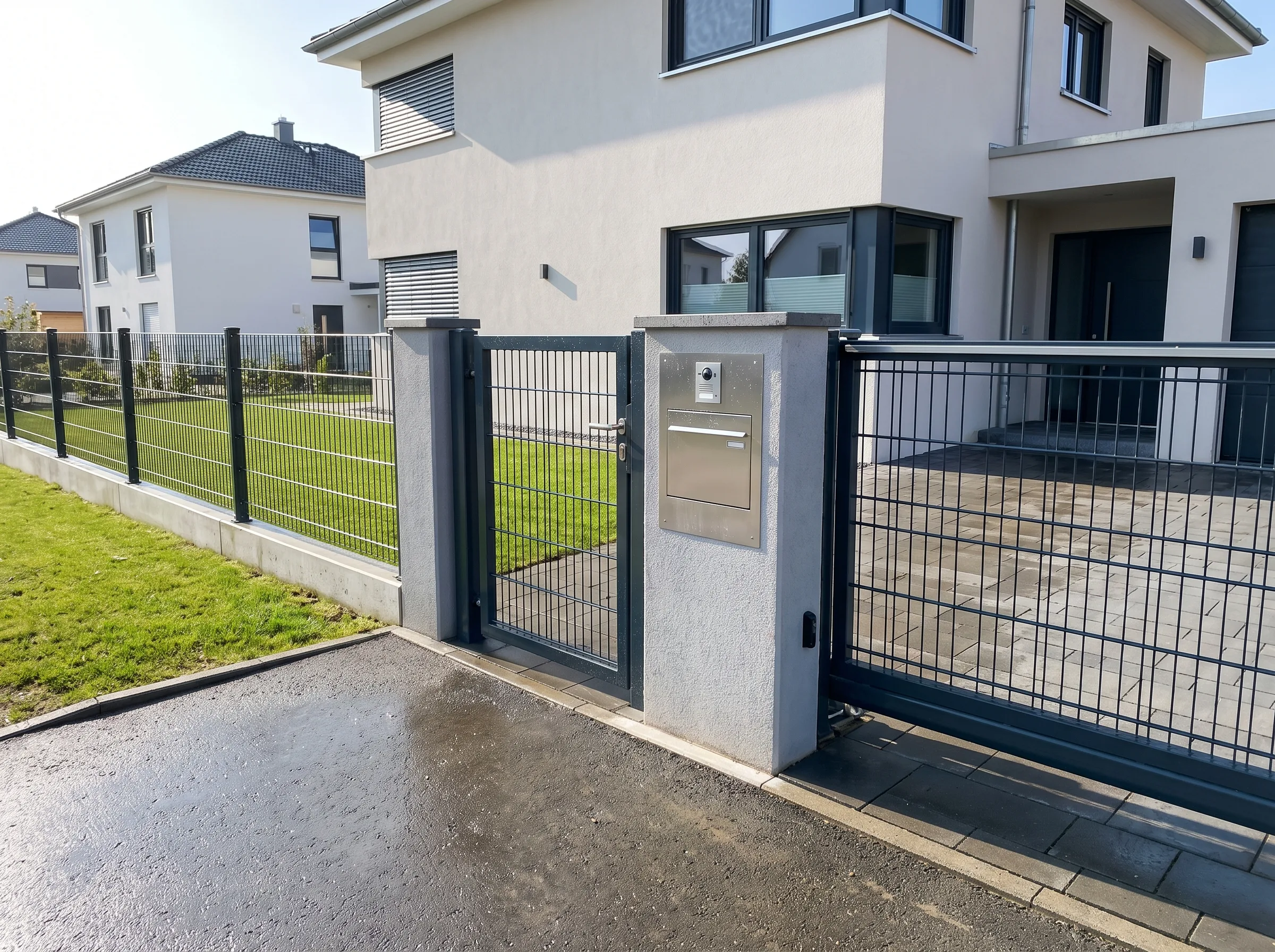 Moderner Zaun und Briefkasten an einem modernen Haus mit Garten