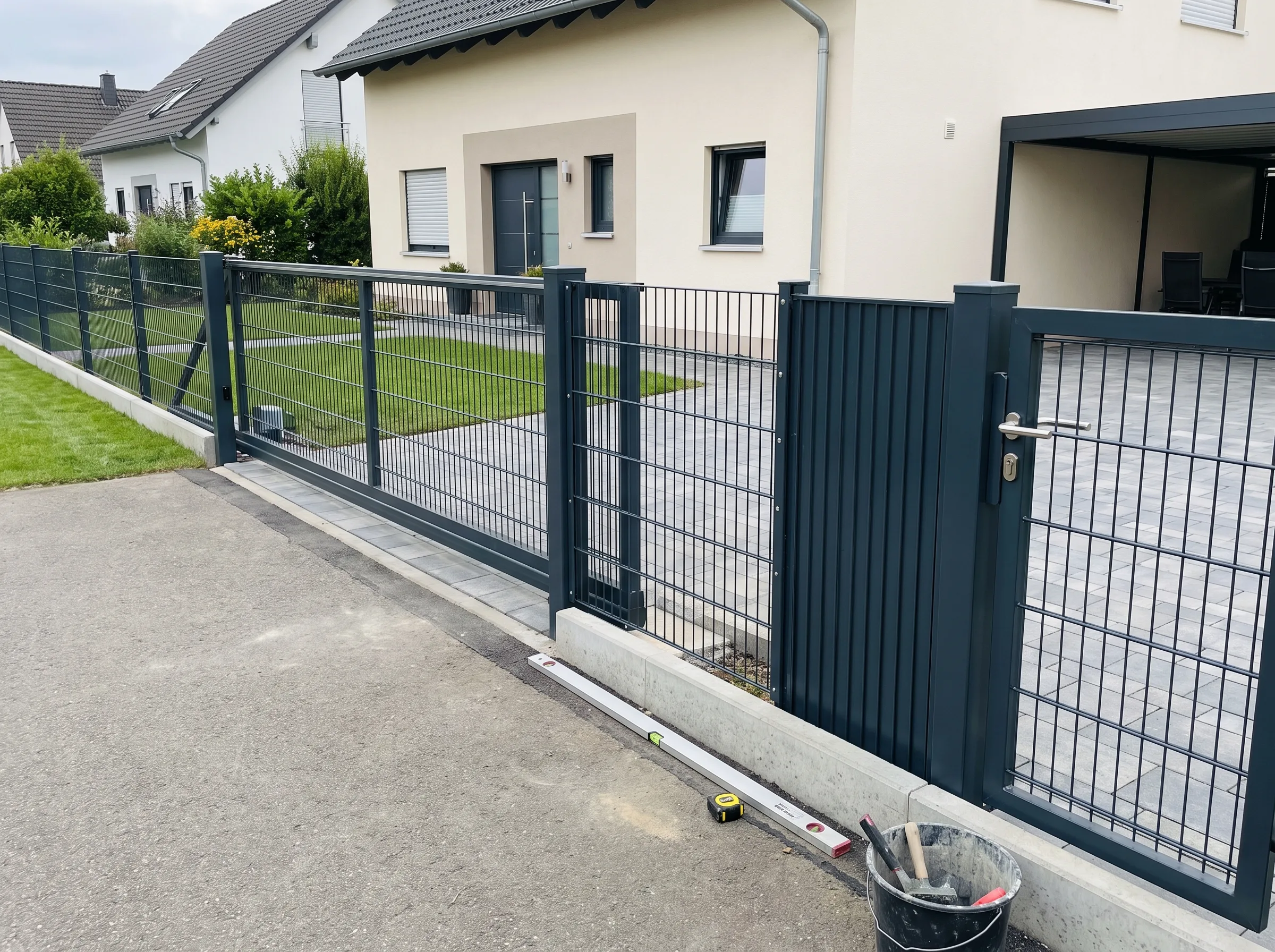 Moderner Zaun mit Tor und Zaunmontage in einer gepflegten Wohnumgebung